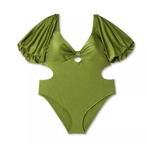 NWT Fe Noel Metallic Puff Sleeve Cut Out Medium Coverage One Piece Swimsuit
